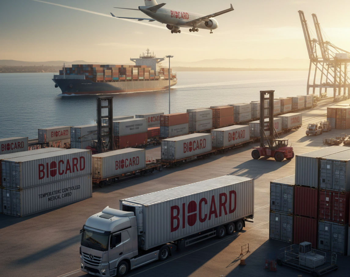 Красная фура на схематичной карте рядом с коробками. Biocard - перевозки грузов с температурным режимом по РФ и миру