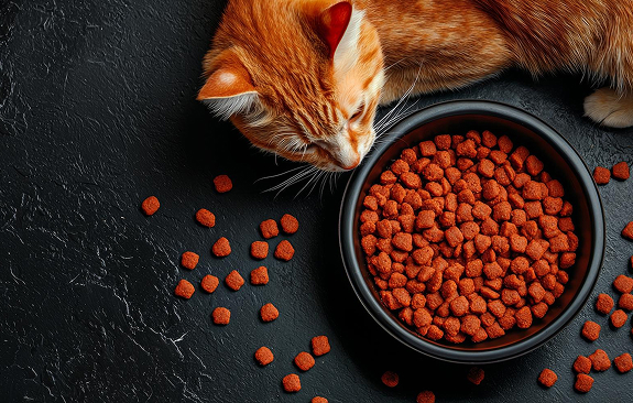 Рыжий кот с миской сухого корма. Biocard - перевозки ветеринарных грузов и кормов для животных с температурным режимом по РФ