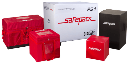 Термоконтейнеры Safepack в гофрокоробах - белый, черный и красный и две красные термосумки для перевозки температурных грузов 